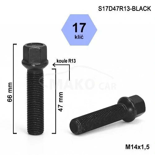 Kolový šroub M14x1,5x47mm, dosedací plocha koule R13, klíč 17, černý