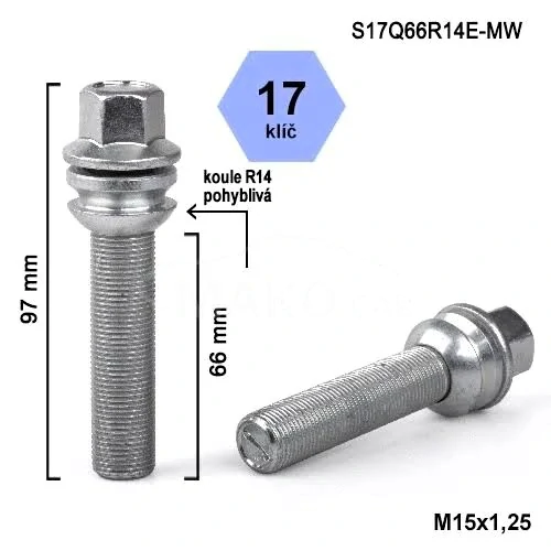 Kolový šroub M15x1,25x66 koule R14 pohyblivá, klíč 17, stříbrný