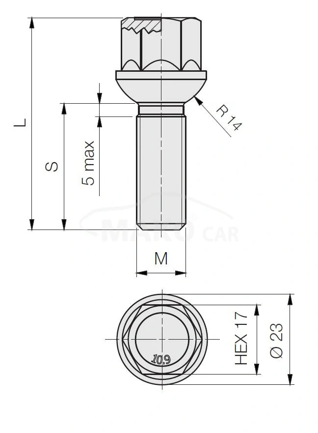 Kolový šroub M14x1,25x48 kulová R14, klíč 17