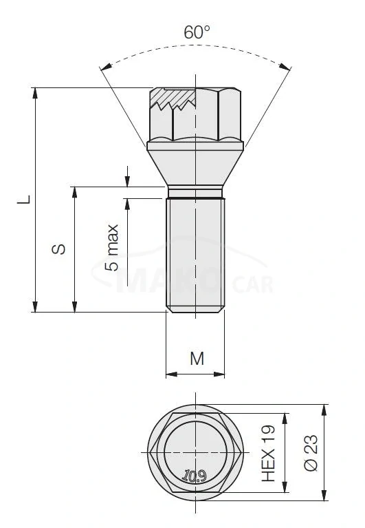 Kolový šroub M14x1,5x36mm, dosedací plocha kužel, klíč 19, černý pozink