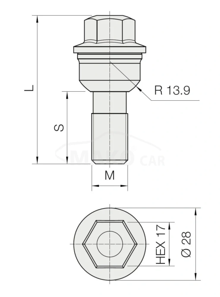 Kolový šroub M14x1,5x60 kulová R14 pohyblivá, klíč 17