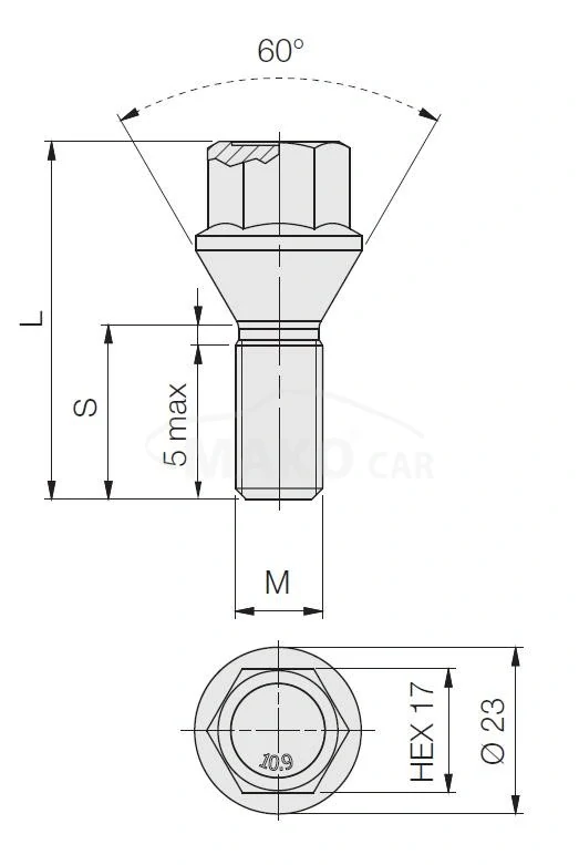 Kolový šroub M14x1,25x60mm, dosedací plocha kužel, klíč 17, černý
