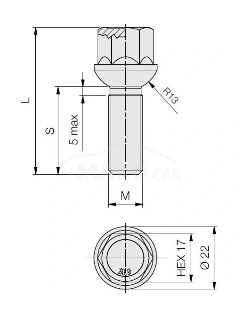 Kolový šroub M14x1,5x60mm, dosedací plocha koule R13, klíč 17, černá pozink