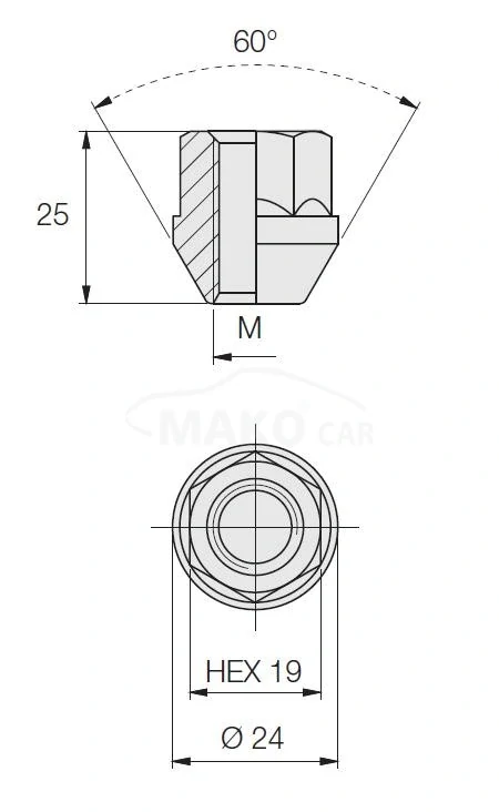 Kolová matice M12x1,5 mm, dosedací plocha kužel, otevřená, klíč 19, černá