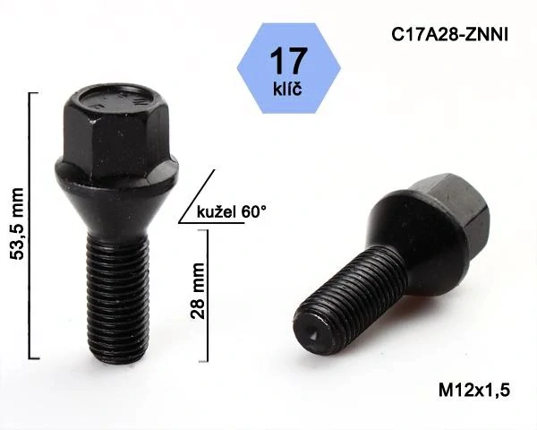 Kolový šroub M12x1,5x28mm, dosedací plocha kužel, klíč 17, černý pozink