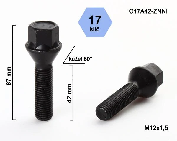 Kolový šroub M12x1,5x42mm, dosedací plocha kužel, klíč 17, černý pozink