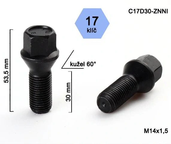 Kolový šroub M14x1,5x30mm, dosedací plocha kužel, klíč 17, černý pozink