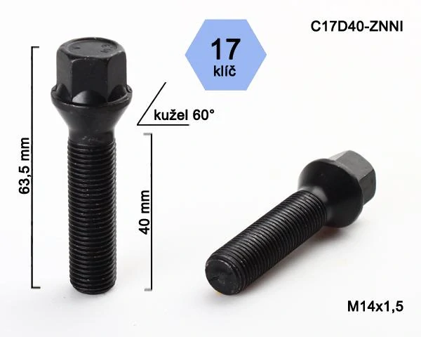 Kolový šroub M14x1,5x40mm, dosedací plocha kužel, klíč 17, černý pozink