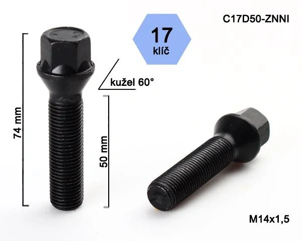 Kolový šroub M14x1,5x50mm, dosedací plocha kužel, klíč 17, černý pozink
