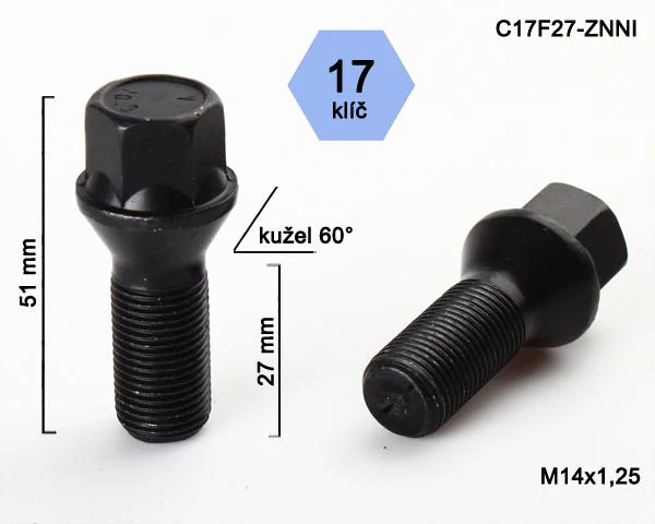 Kolový šroub M14x1,25x27mm, dosedací plocha kužel, klíč 17, černý pozink