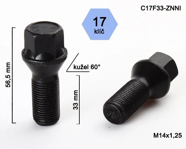 Kolový šroub M14x1,25x33mm, dosedací plocha kužel, klíč 17, černý pozink