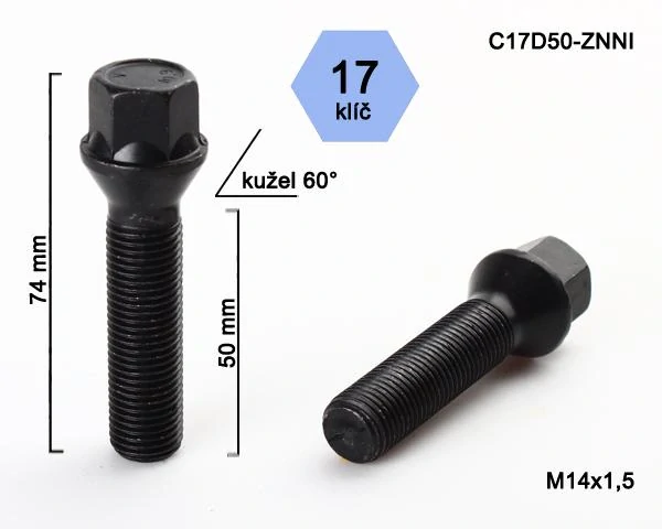 Kolový šroub M14x1,25x50mm, dosedací plocha kužel, klíč 17, černý pozink