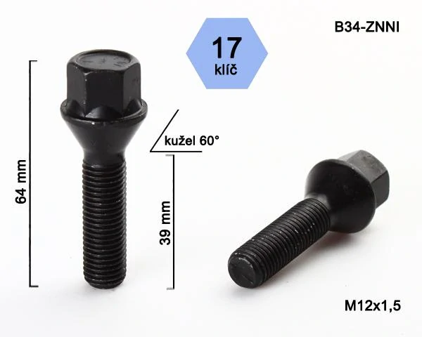Kolový šroub M12x1,5x39mm, dosedací plocha kužel, klíč 17, černý pozink